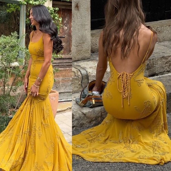 House of CB Dresses & Skirts - HOUSE OF CB Rosalia Gold Hand Beaded Maxi Dress Lace Up Corset Gown XS NWOT